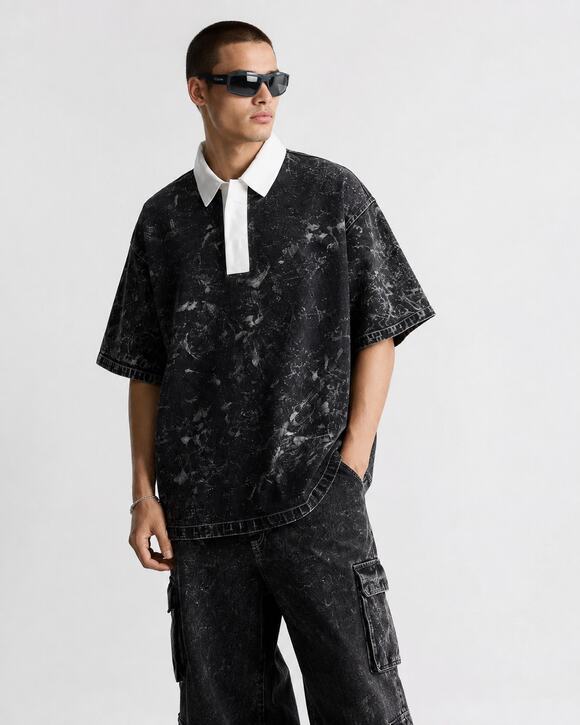Zara Other - Zara Acid Wash Rugby Polo Shirt Men's XL Oversized Streetwear Goth Grunge Black